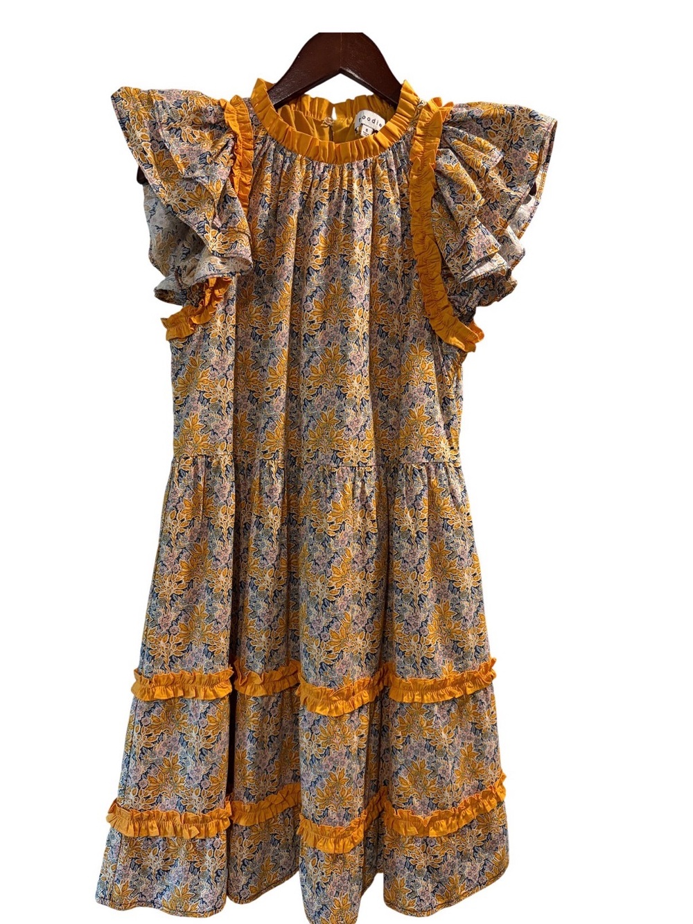 moodie Yellow Floral Ruffle Sleeve Midi Dress